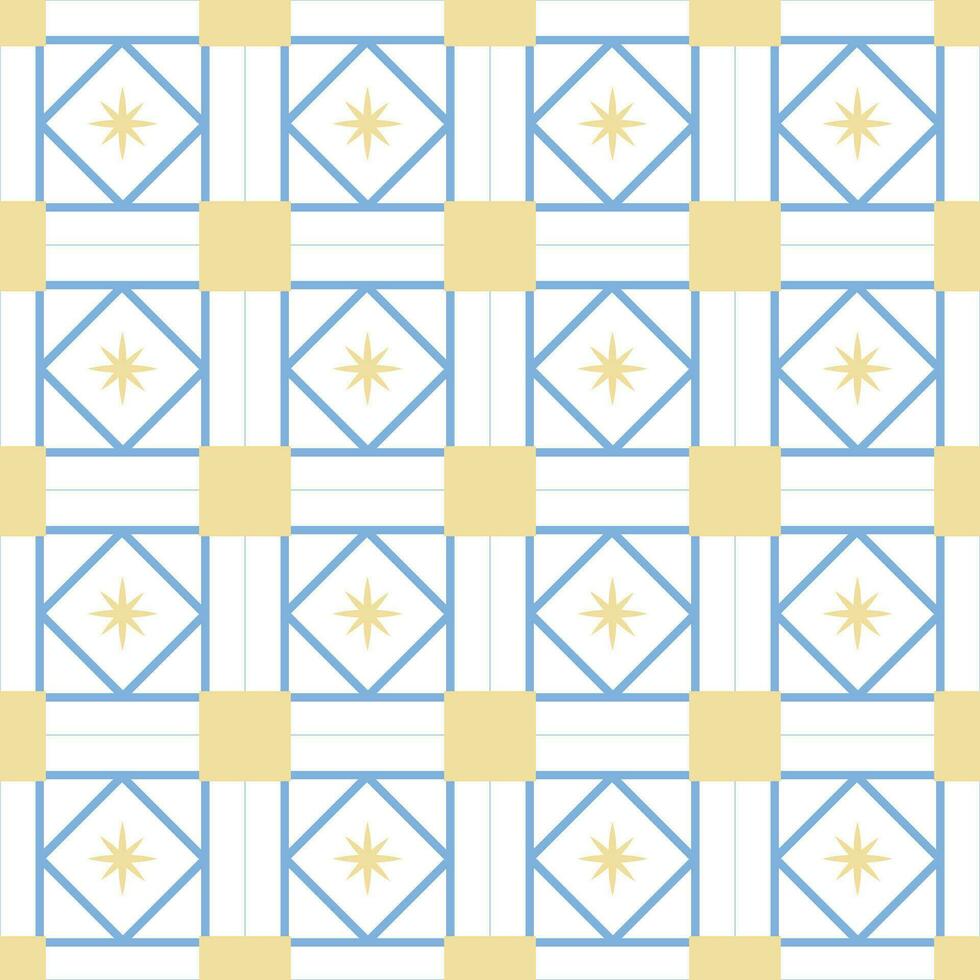 Traditional ancient greek or mediterranean ornament with square tiles, blue and yellow elements. Vector abstract seamless pattern.