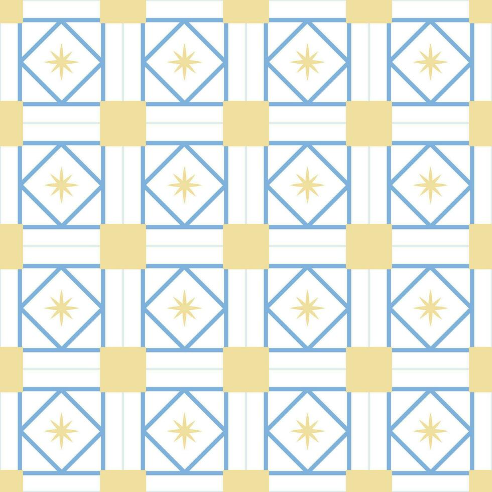 Traditional ancient greek or mediterranean ornament with square tiles, blue and yellow elements. Vector abstract seamless pattern.