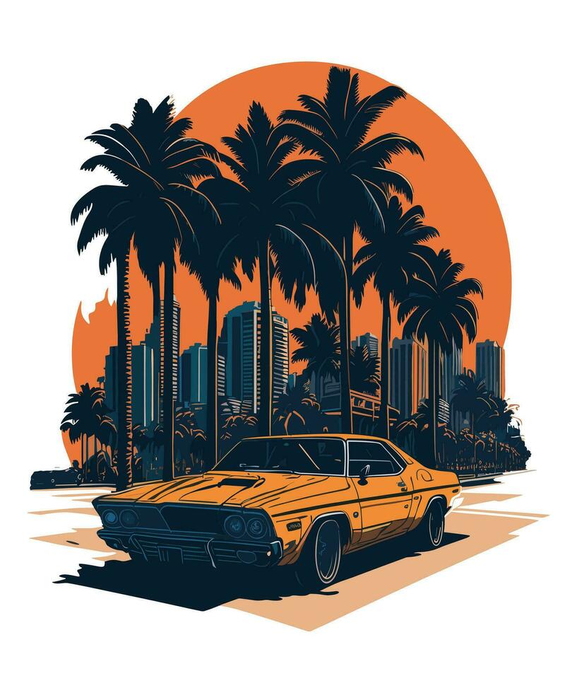 Retro car on the background of the city t-shirt design vector illustration