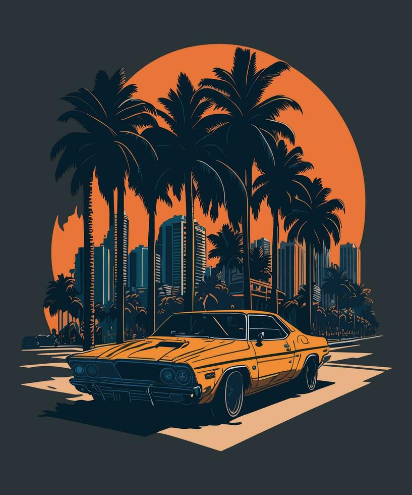 Retro car on the background of the city t-shirt design vector illustration