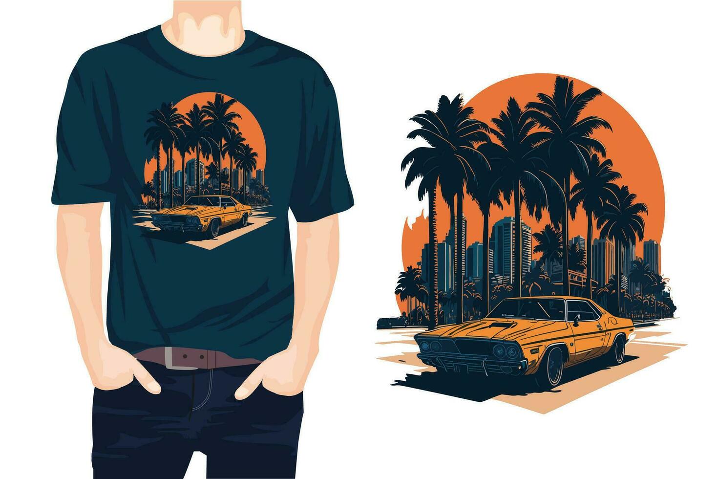 Retro car on the background of the city t-shirt design vector illustration