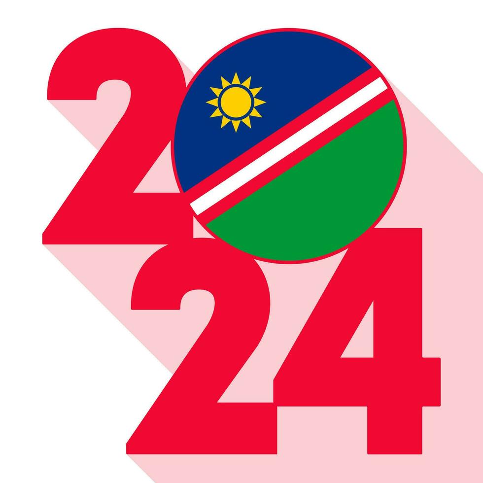 Happy New Year 2024, long shadow banner with Namibia flag inside. Vector illustration.