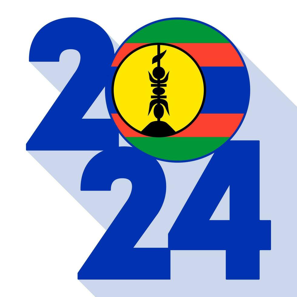 Happy New Year 2024, long shadow banner with New Caledonia flag inside. Vector illustration.