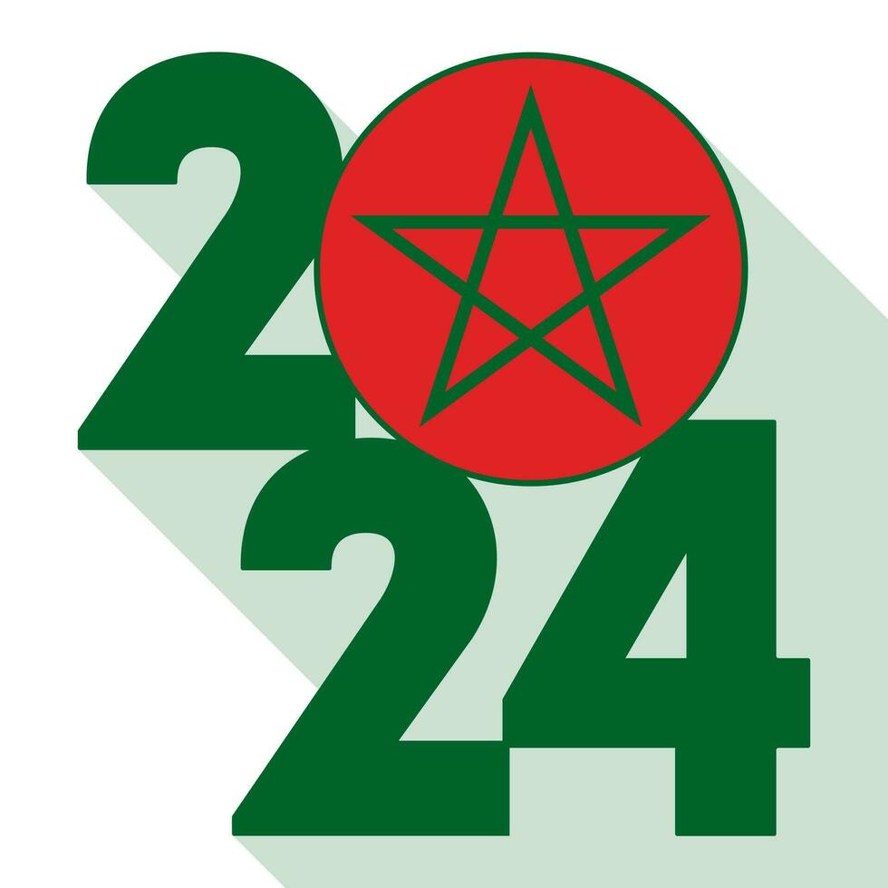 Happy New Year 2024, long shadow banner with Morocco flag inside. Vector illustration.