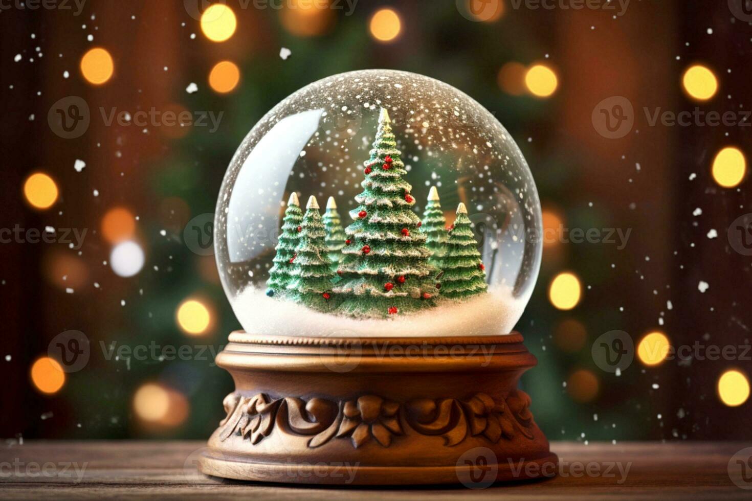 AI Generated Christmas Snow Globe with Decorated Christmas Trees and Snowflakes. Blurred background, Bokeh texture. AI Generative photo