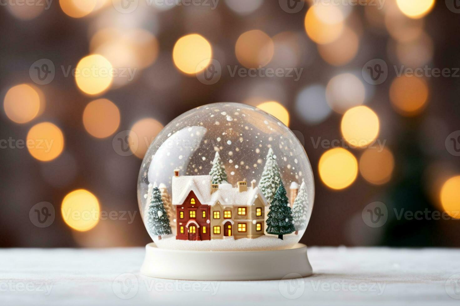 AI Generated Christmas snow globe. Cute cozy town and snowflakes inside. Blurred background, bokeh texture. AI Generative photo