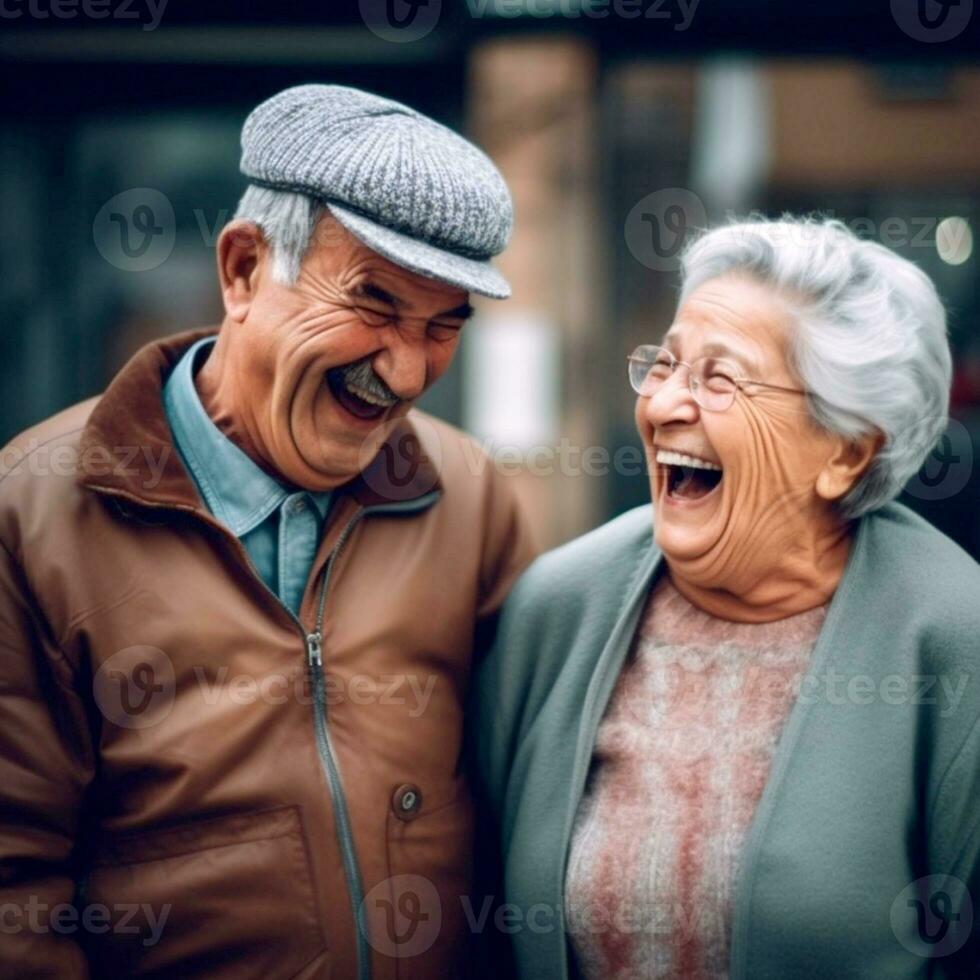 AI Generated Happy elderly couple laughing and enjoying spending time together after retirement. Generative AI illustration photo