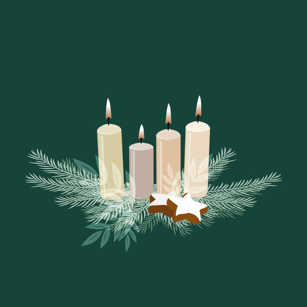 three candles and a star on a green background vector
