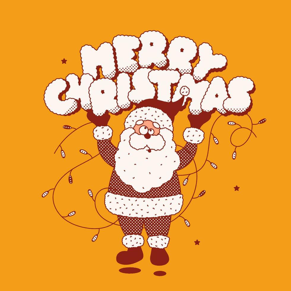 Groovy mascot Santa Claus character with letters Merry Christmas and garland. Imaginary old man with long, white hair, beard and red coat. vector