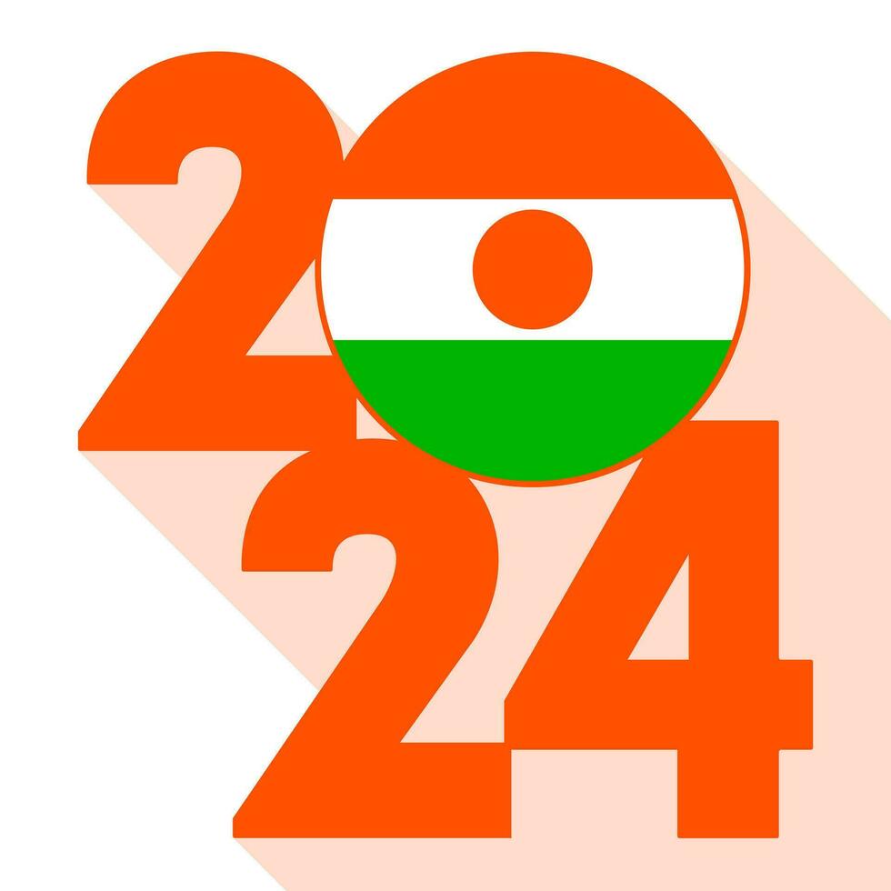 Happy New Year 2024, long shadow banner with Niger flag inside. Vector illustration.