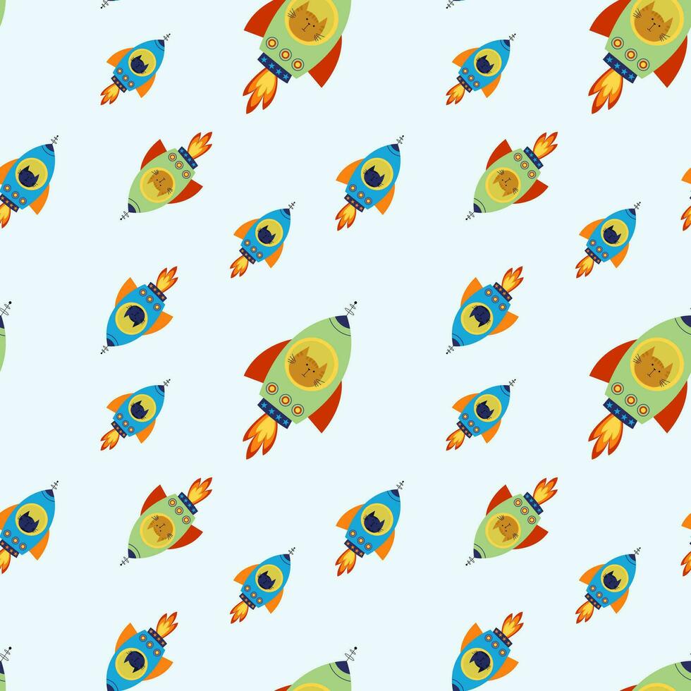 Seamless pattern with various astronaut cats in helmets, spacesuits, playing among the stars in space. Spaceships. Vector illustration