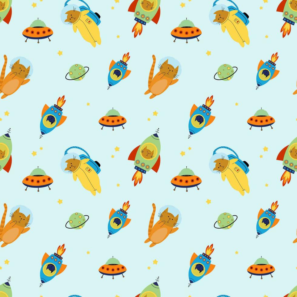 Seamless pattern with various astronaut cats in helmets, spacesuits, playing among the stars in space. Spaceships. Vector illustration