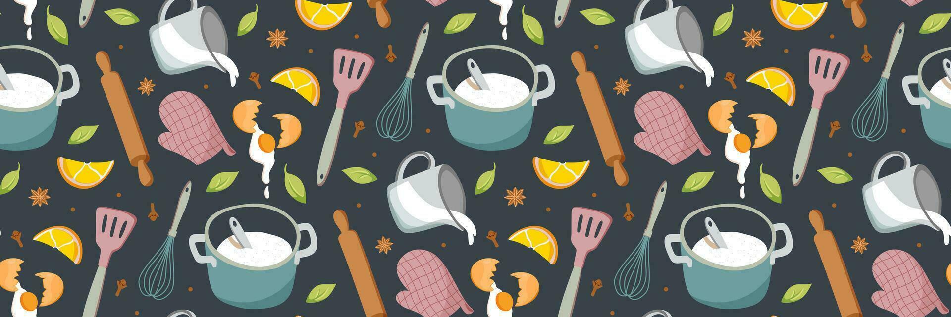 Pattern with Food icons and elements. Cookbook stickers, cute home menu. background for cooking. Pattern for background, printing on wrapping paper, wallpaper or fabric. Vector flat illustration.