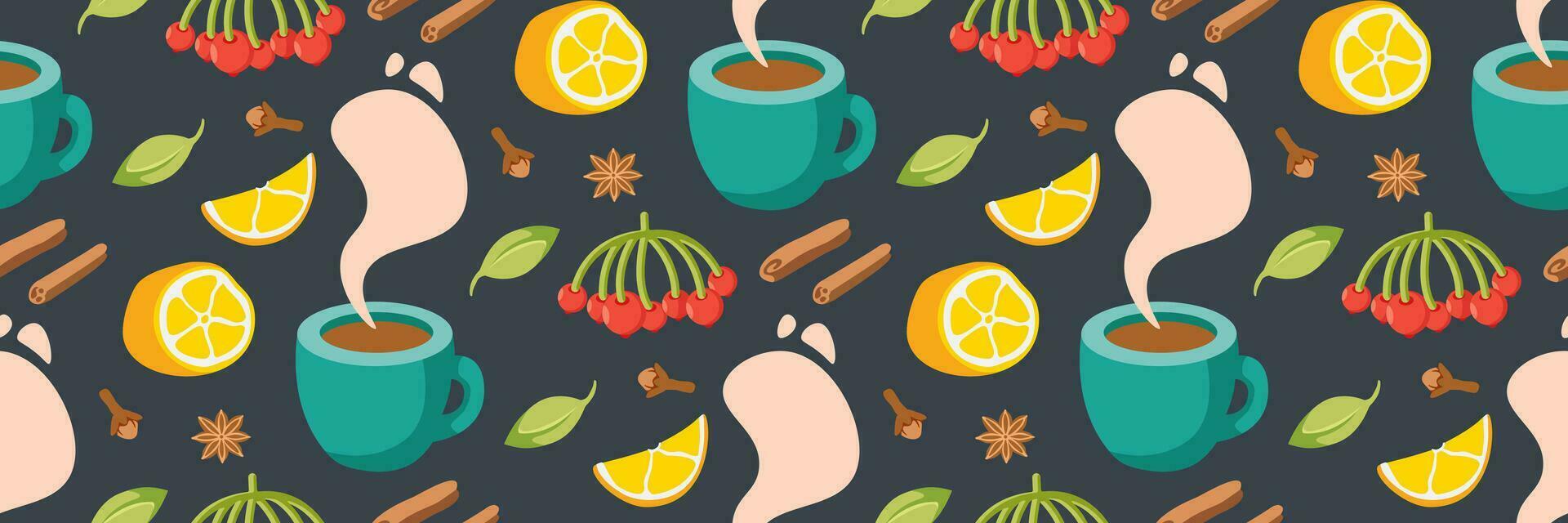 Pattern with hot drink lemons and spices. Cookbook stickers, cute home menu. Cozy Hand drawn tea background. Vector flat illustration.