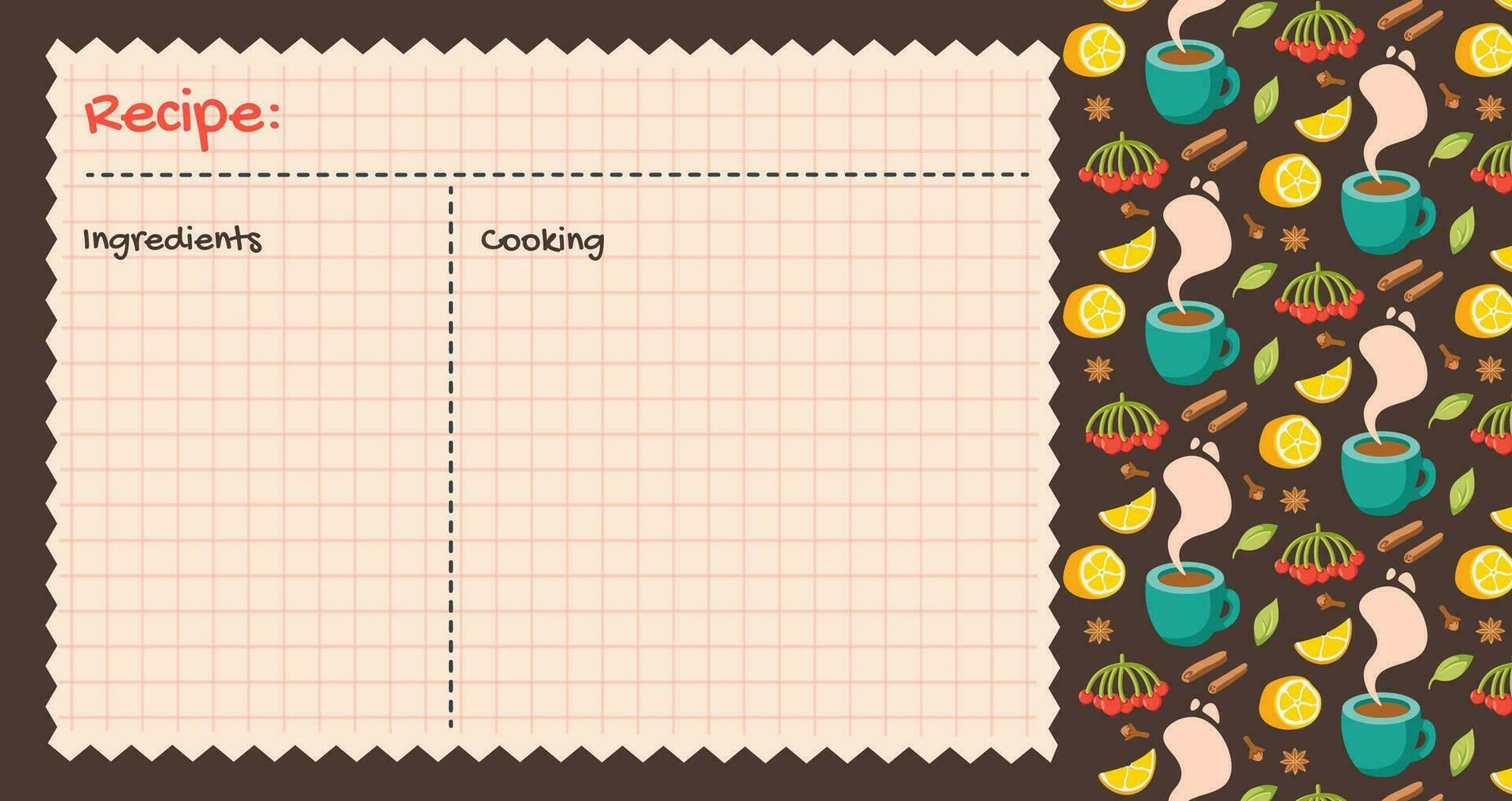 Recipe cards. Culinary book blank pages. pattern with hot drink lemons and spices. Cookbook stickers, cute home menu. Vector flat illustration.