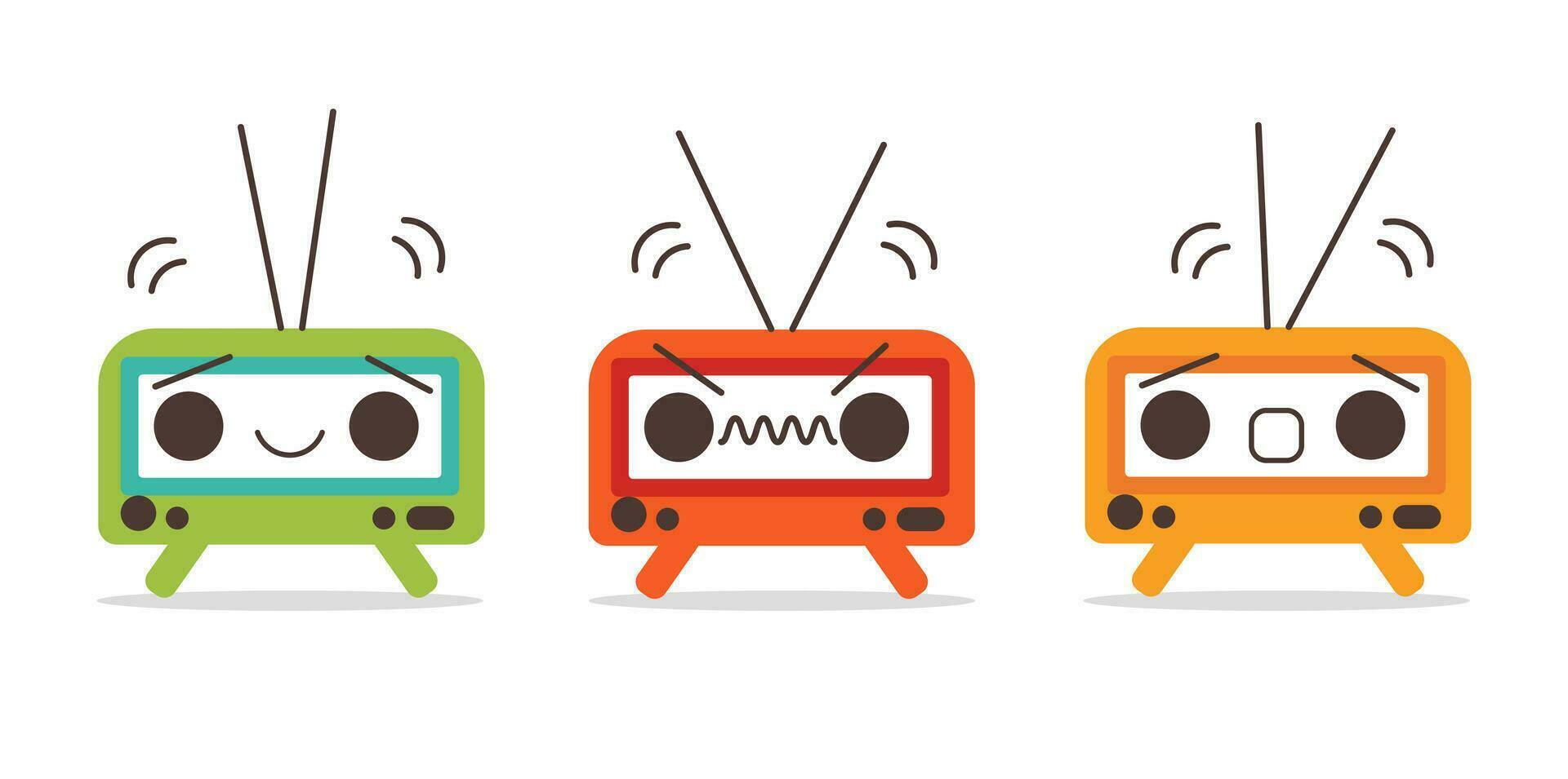 Retro radio. Cartoon cute radio set. Different emotions. Vector flat illustration. Clipart isolated on white background.