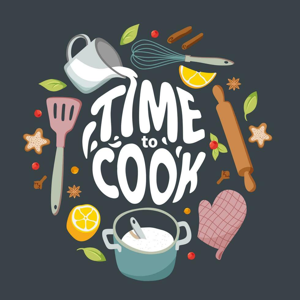 Time to cook lettering. Products and kitchen tools for cooking baking recipes. Food icons and elements. Cartoon vector illustration.