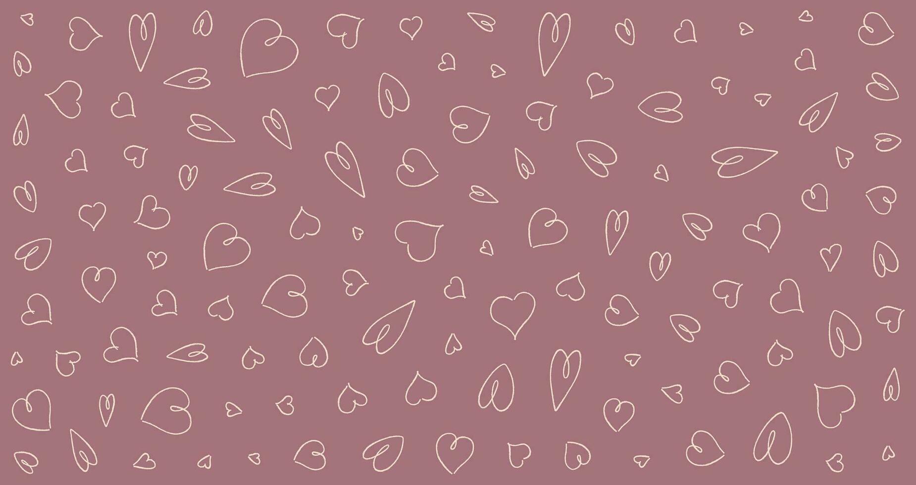 Various hearts on pink background. Hand drawn doodle. Happy Valentines day concept. For declaration of love. Dusty rose color background. Vector illustration.