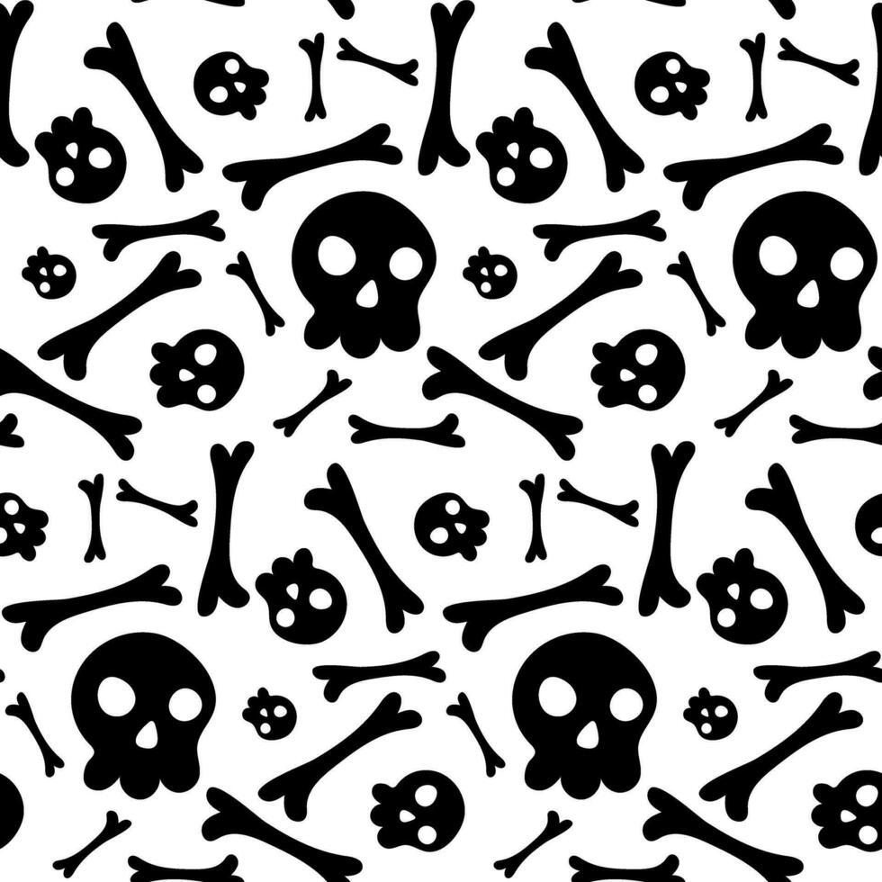Black and white seamless Halloween pattern with black skulls and bones. Funny faces of skulls and bones scattered on a white background. The repeating pattern of emo y2k vector