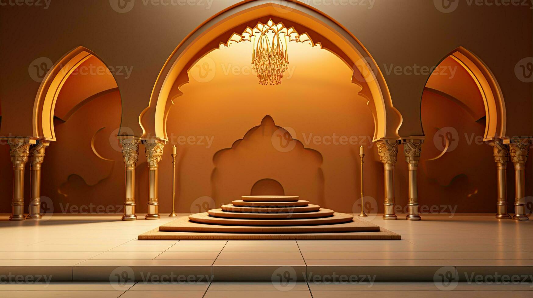 podium background. Ramadan holiday minimalism style . arabic design with shades of beige gold colors. ai generated photo