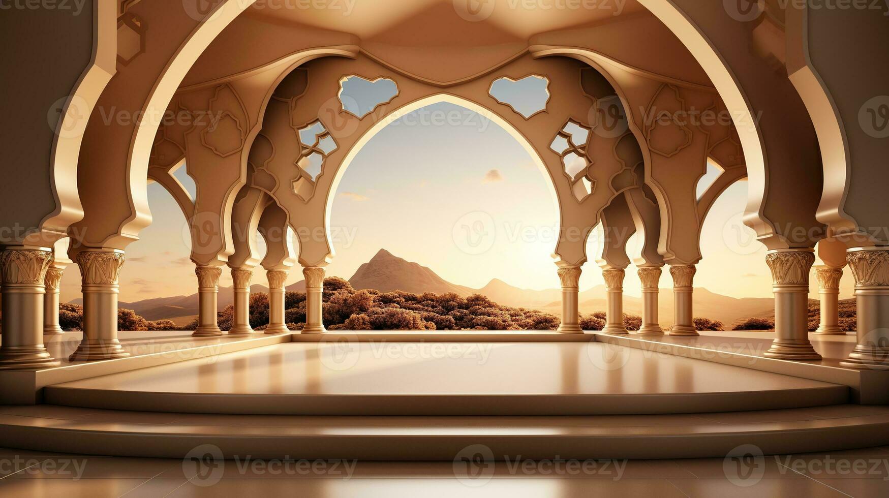 podium background. Ramadan holiday minimalism style . arabic design with shades of beige gold colors. ai generated photo