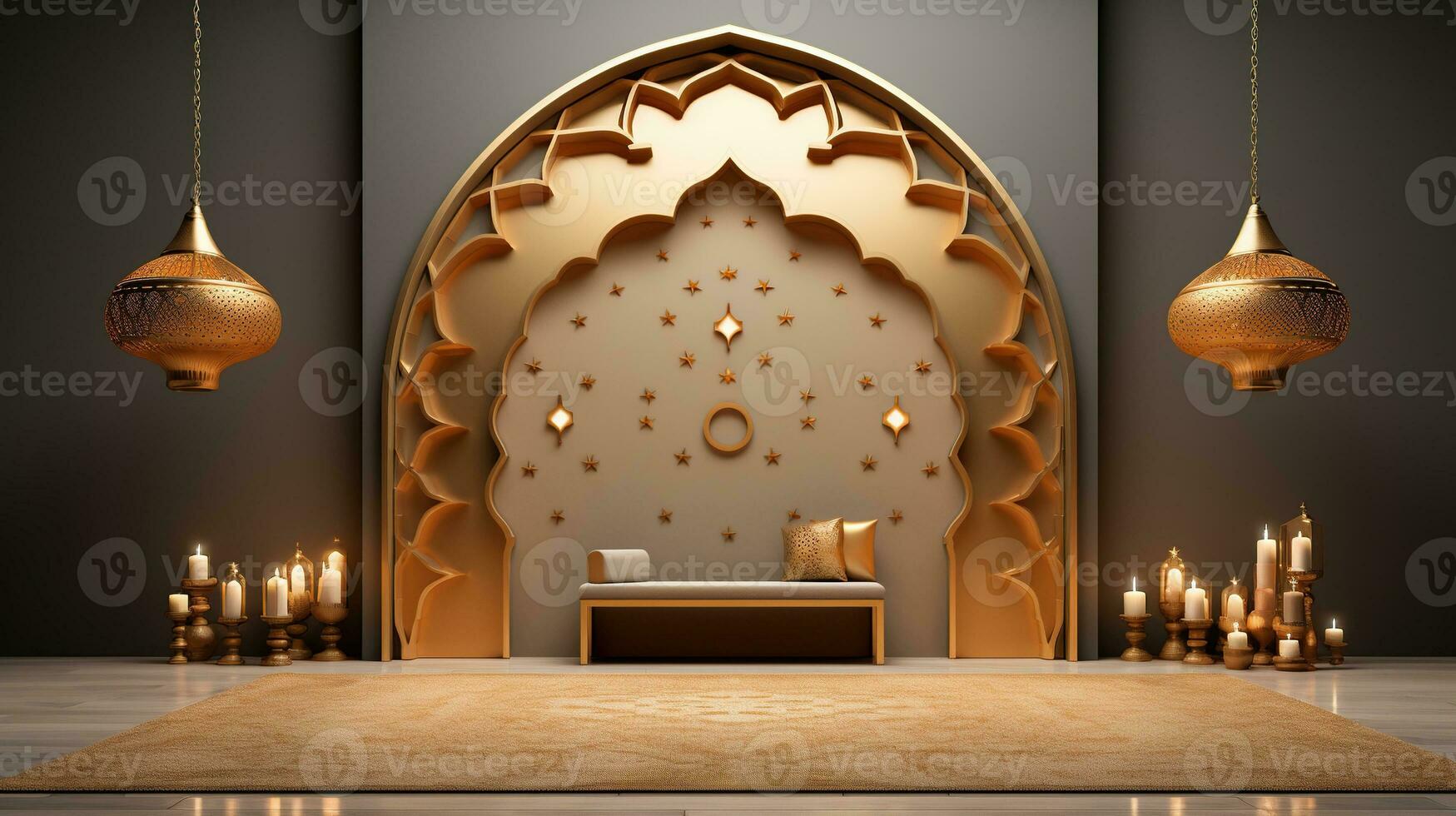 podium background. Ramadan holiday minimalism style . arabic design with shades of beige gold colors. ai generated photo