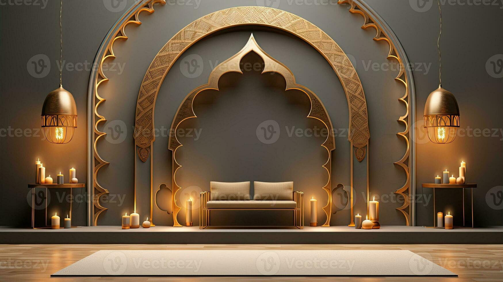 podium background. Ramadan holiday minimalism style . arabic design with shades of beige gold colors. ai generated photo