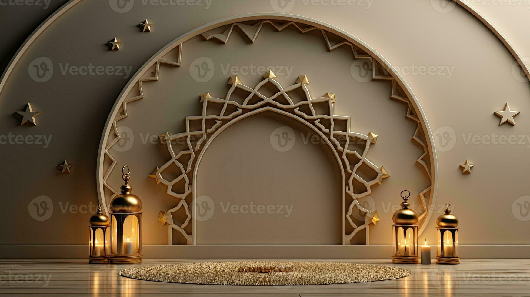 podium background. Ramadan holiday minimalism style . arabic design with shades of beige gold colors. ai generated photo