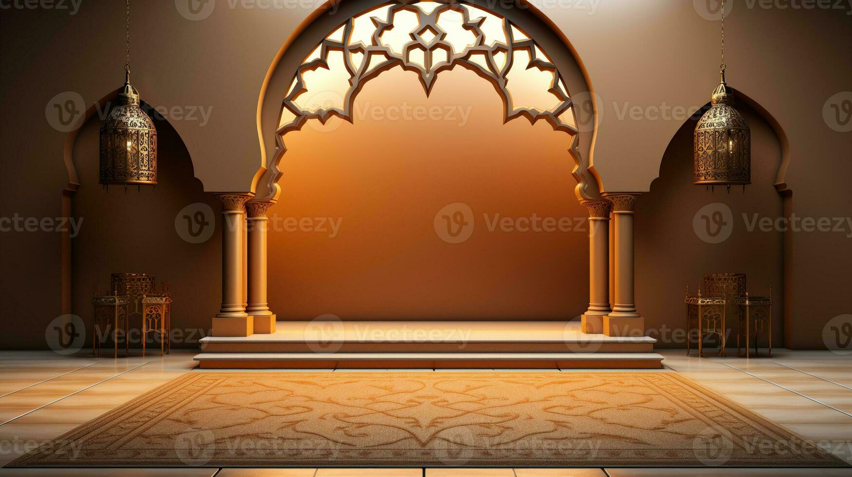 podium background. Ramadan holiday minimalism style . arabic design with shades of beige gold colors. ai generated photo