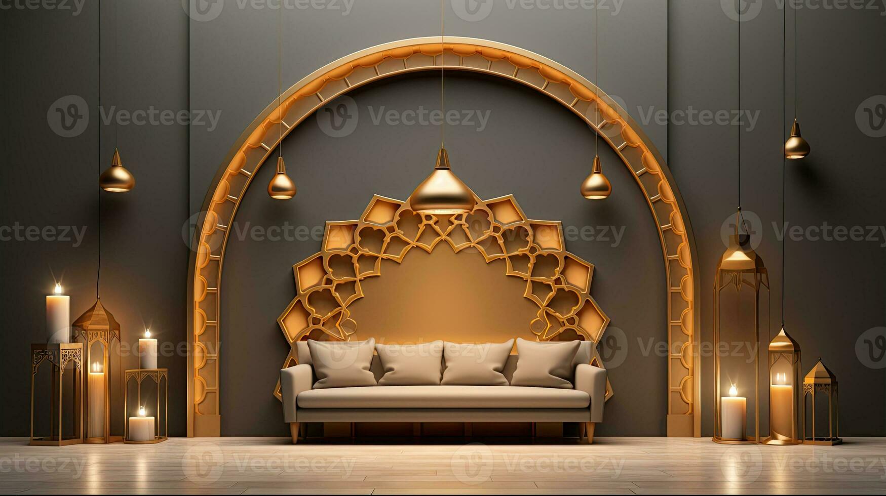 podium background. Ramadan holiday minimalism style . arabic design with shades of beige gold colors. ai generated photo
