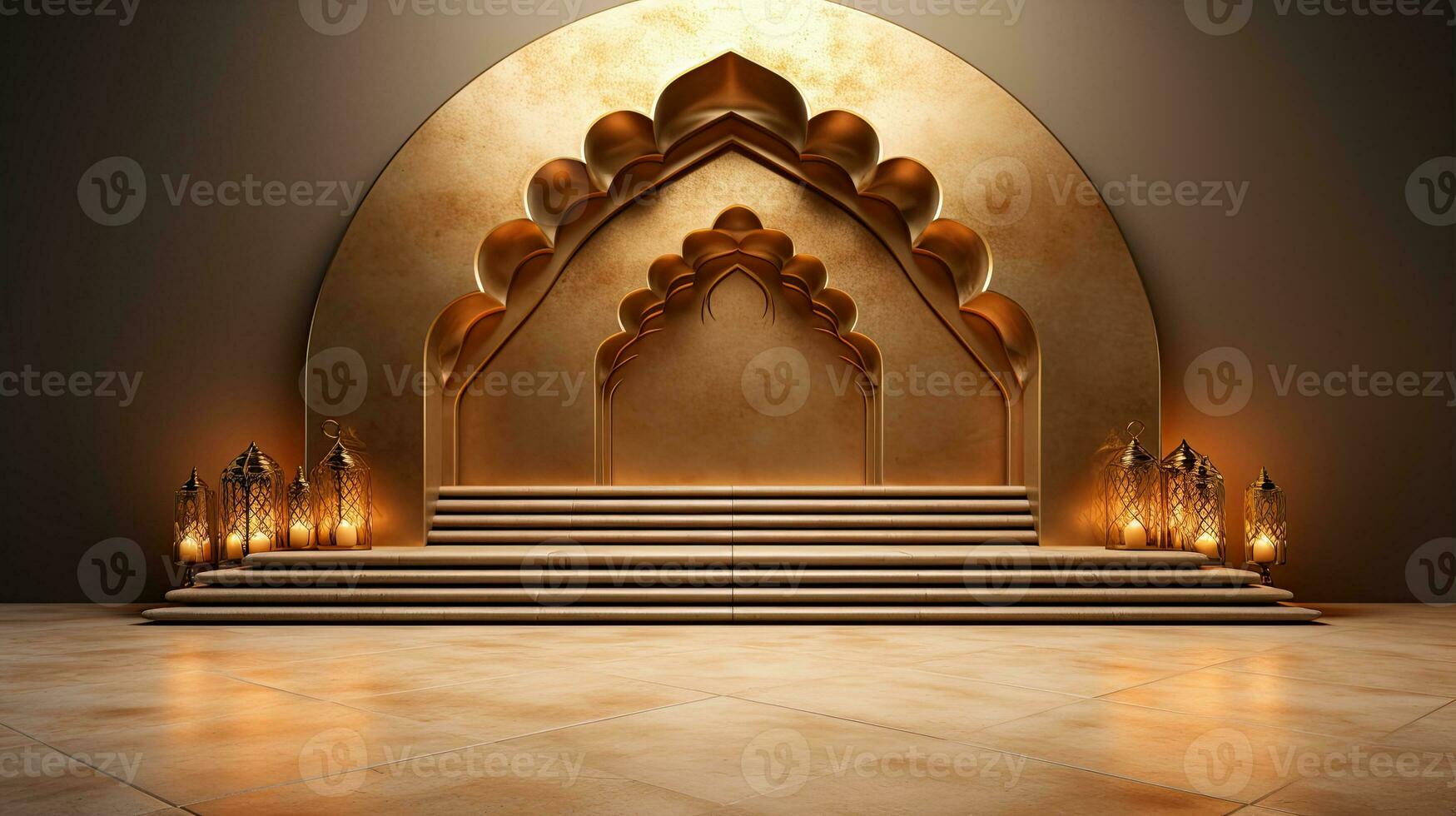 podium background. Ramadan holiday minimalism style . arabic design with shades of beige gold colors. ai generated photo