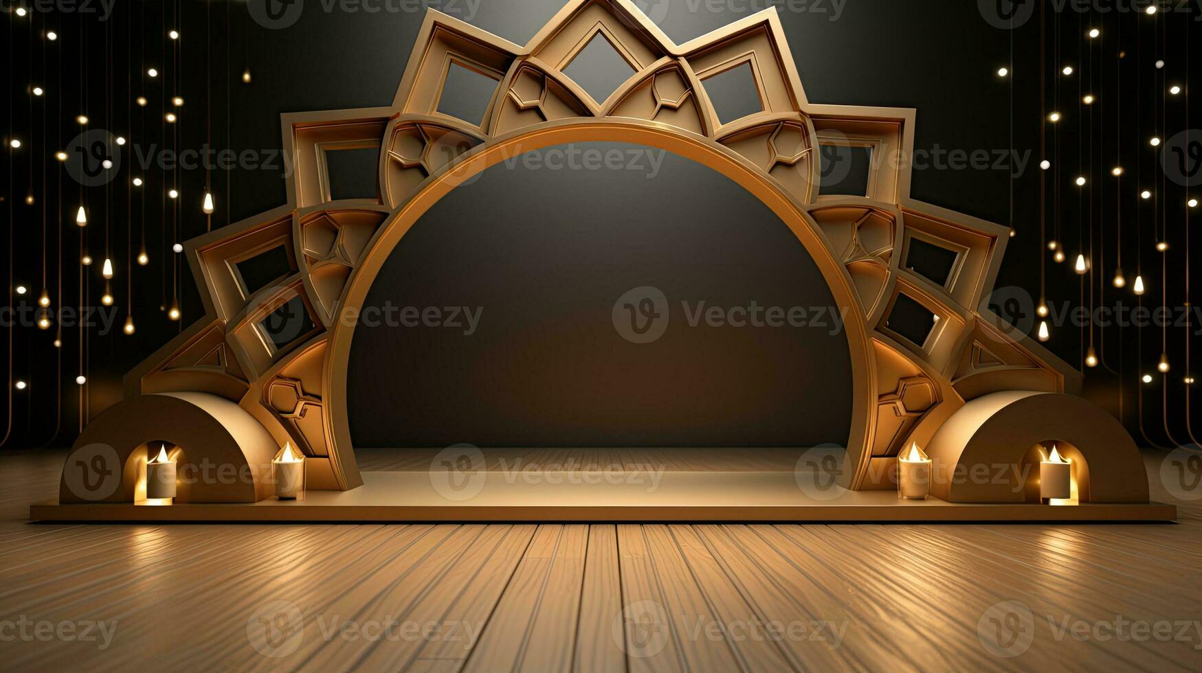 podium background. Ramadan holiday minimalism style . arabic design with shades of beige gold colors. ai generated photo
