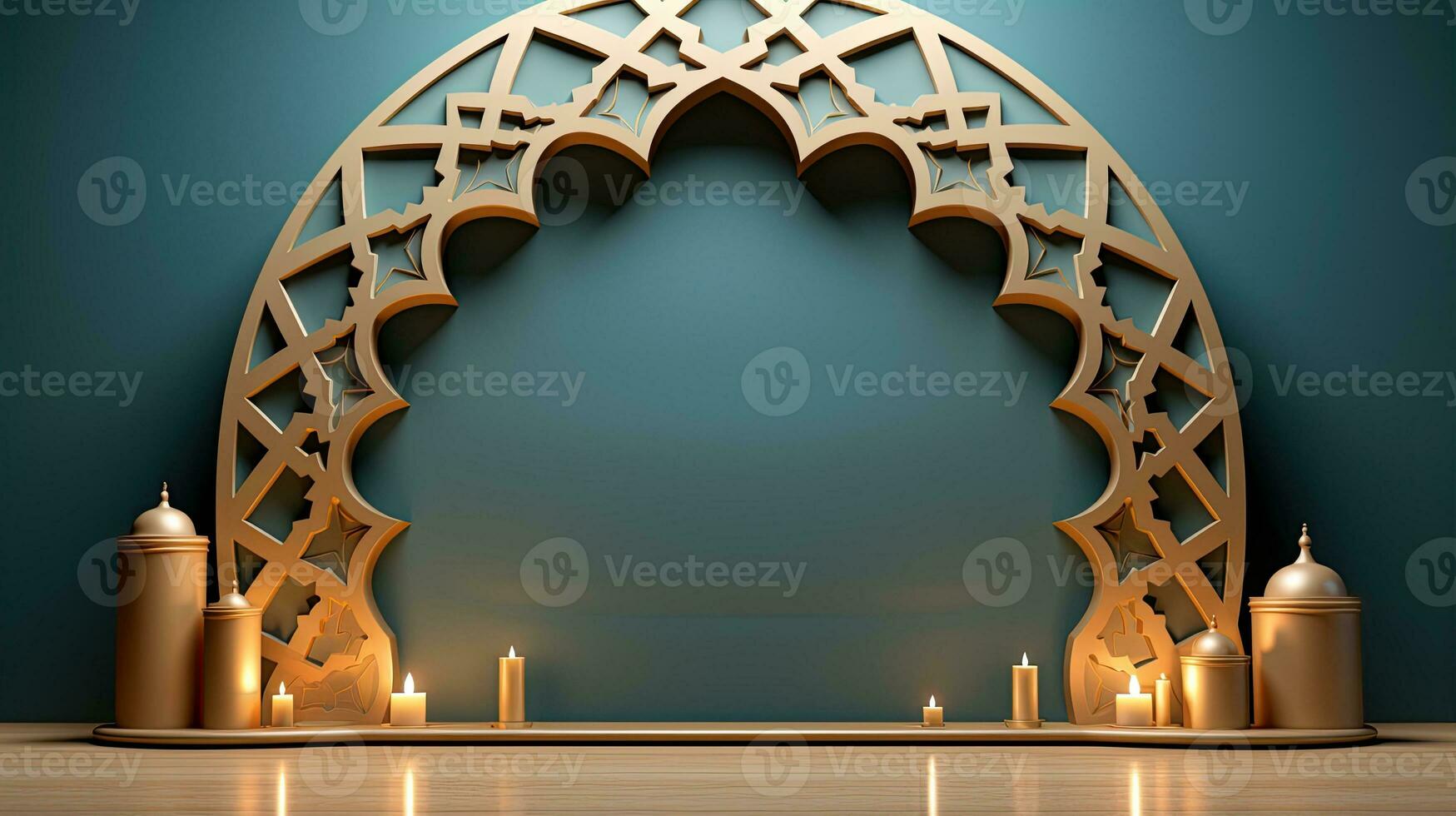 green podium with beige elements in Arabic minimalist style. Podium in the style of Ramadan, Eid Mubarak. AI generated photo