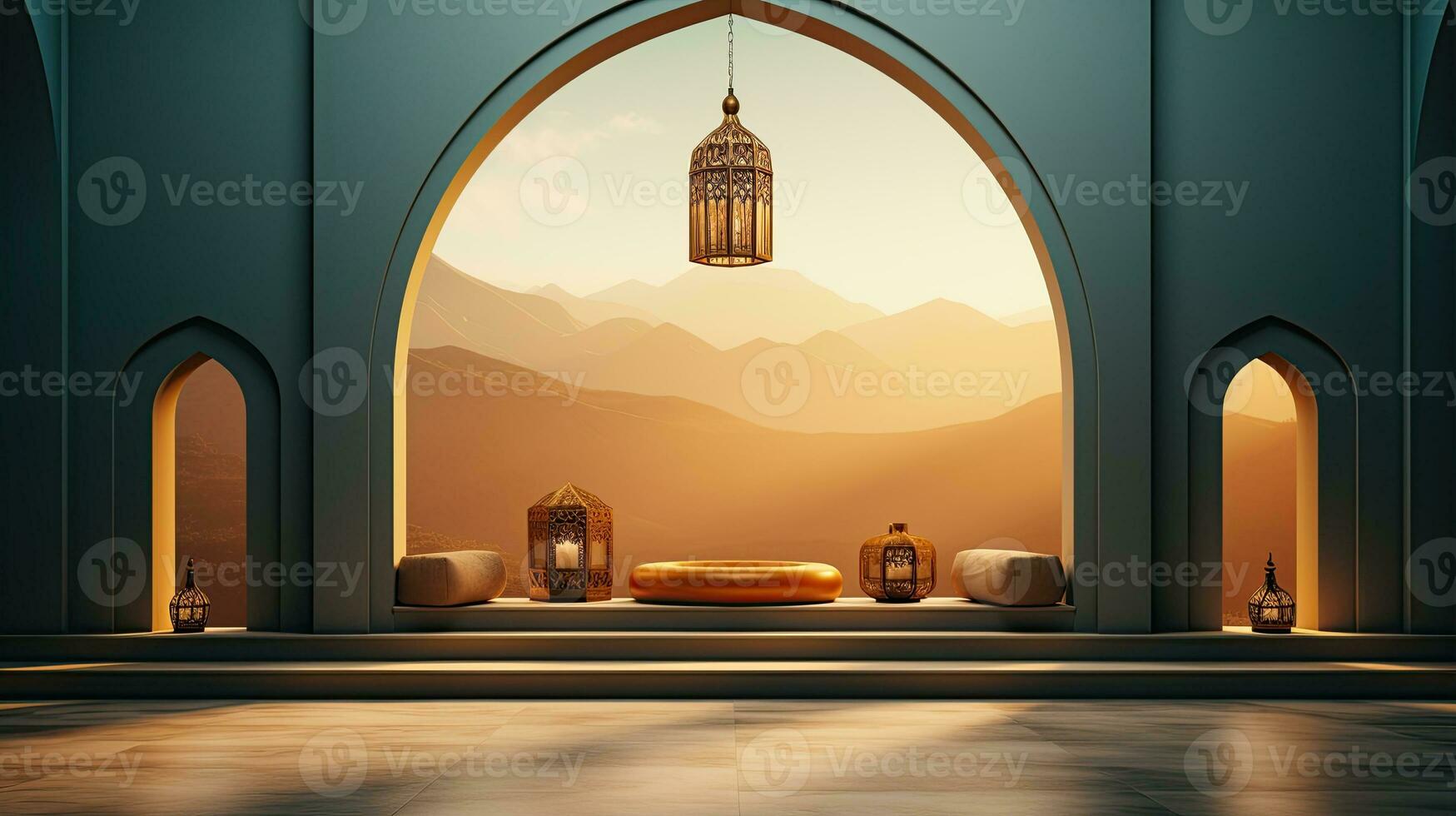green podium with beige elements in Arabic minimalist style. Podium in the style of Ramadan, Eid Mubarak. AI generated photo
