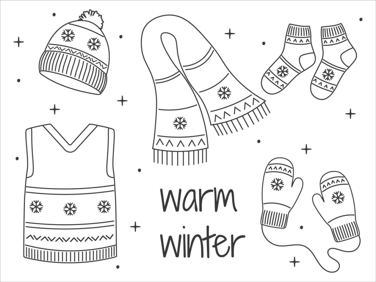 Winter hand drawn set clothes. Line Art Cozy warm clothes. Linear Vector sketch icon isolated on white