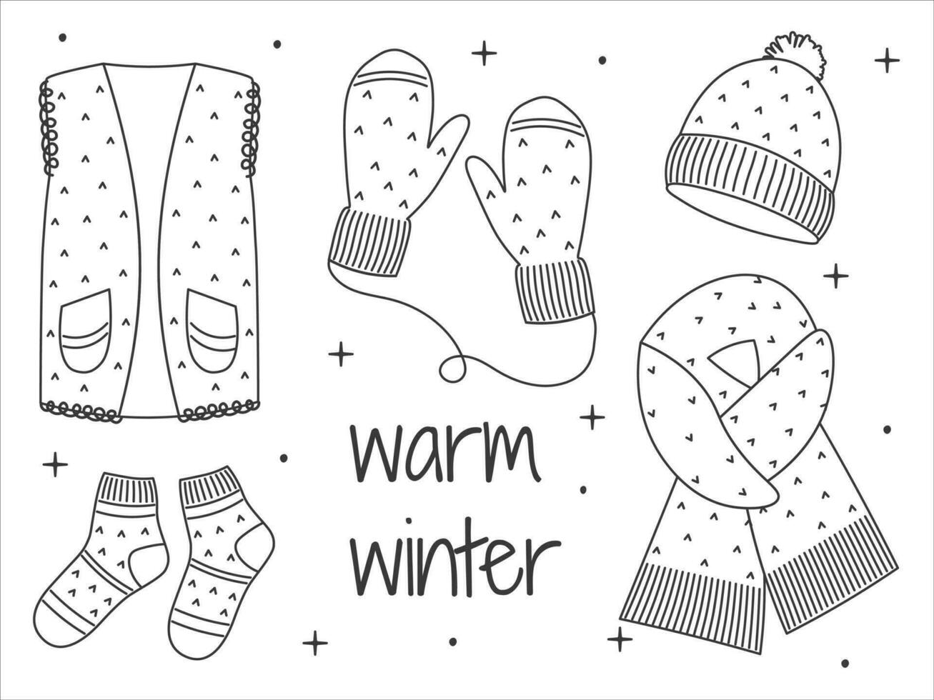 Winter hand drawn set clothes. Line Art Cozy warm clothes. Linear Vector sketch icon isolated on white