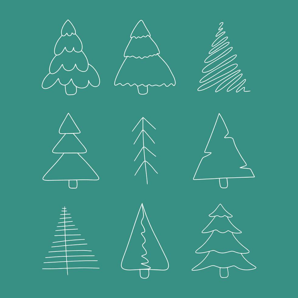 White Various of Hand drawn Christmas tree. Doodle set of Vector illustrations