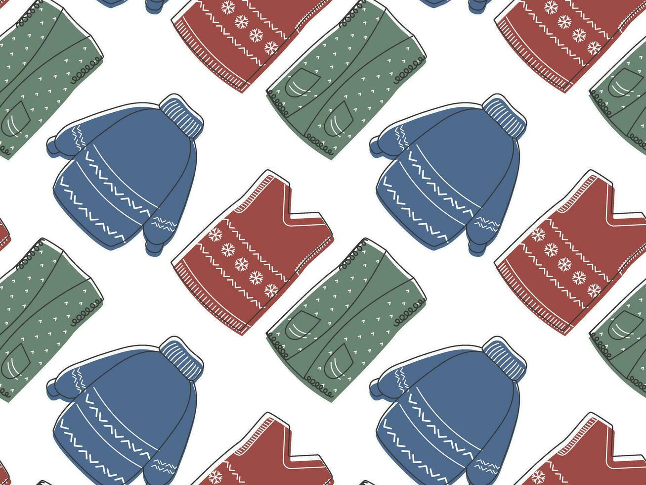 Collection of warm cozy clothes seamless pattern. Vector illustration