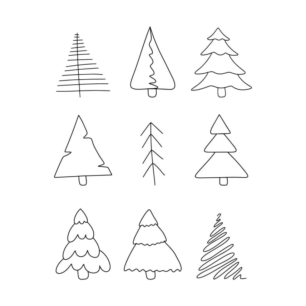 Set of Various Christmas tree silhouette. Christmas tree hand drawn Vector illustrations