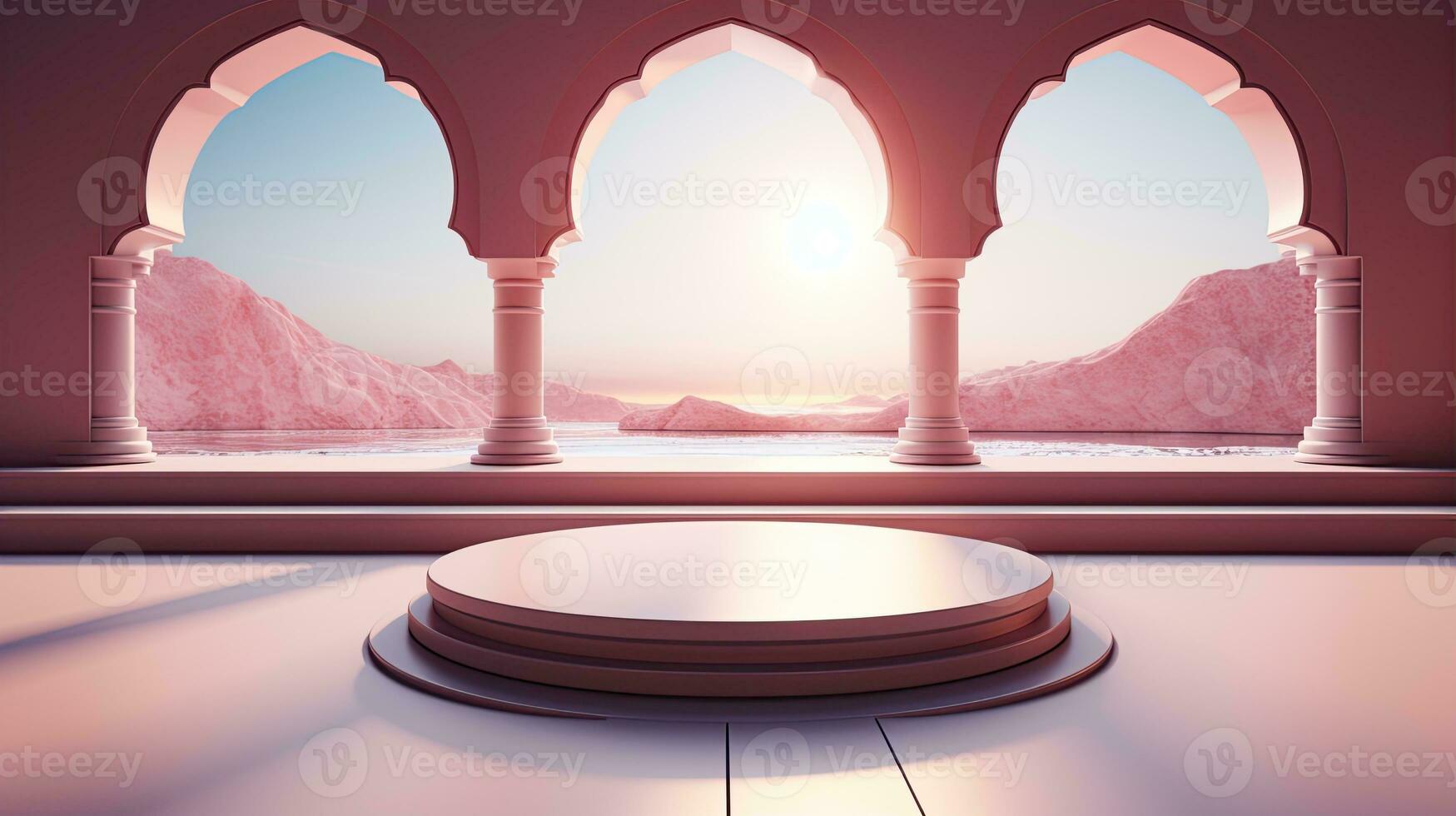 background for the Islamic holiday of Ramadan in a minimalist style, with a podium, with sunlight, in light beige delicate shades and elements of nature. ai generated photo
