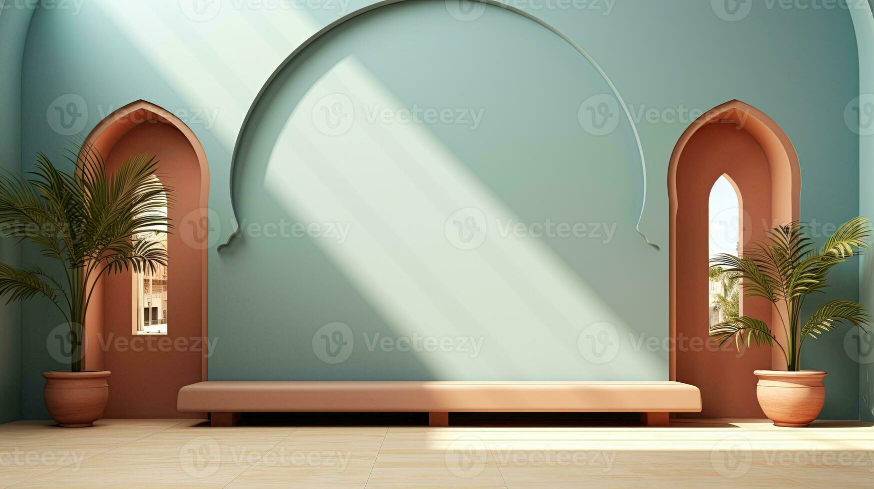 background for the Islamic holiday of Ramadan in a minimalist style, with a podium, with sunlight, in light beige delicate shades and elements of nature. ai generated photo