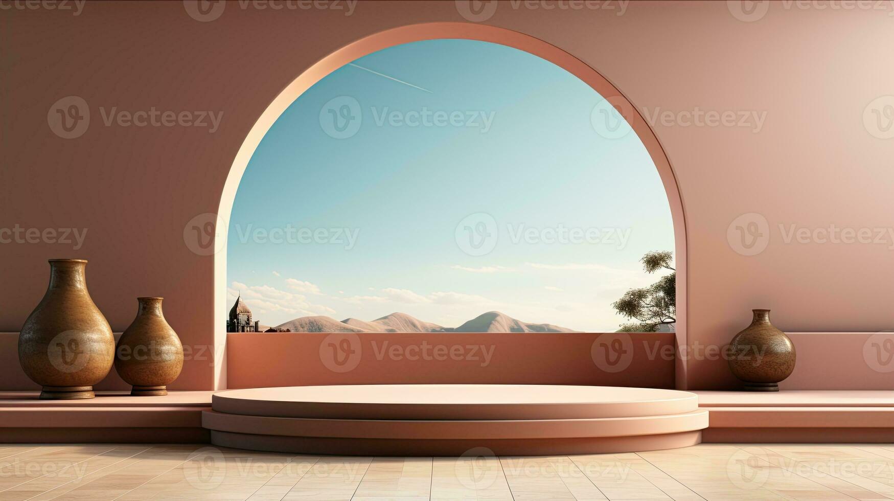 background for the Islamic holiday of Ramadan in a minimalist style, with a podium, with sunlight, in light beige delicate shades and elements of nature. ai generated photo