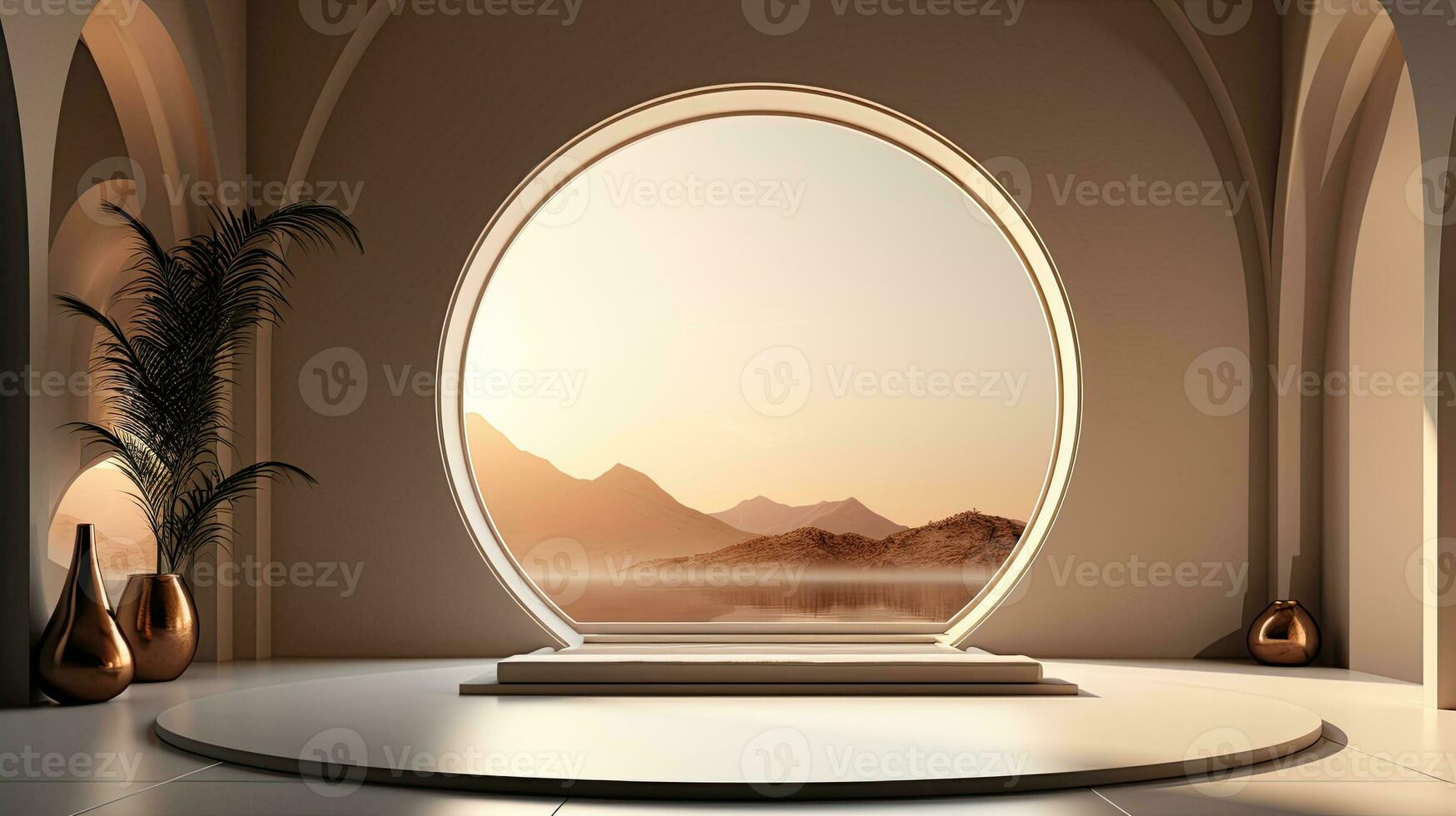 background for the Islamic holiday of Ramadan in a minimalist style, with a podium, with sunlight, in light beige delicate shades and elements of nature. ai generated photo