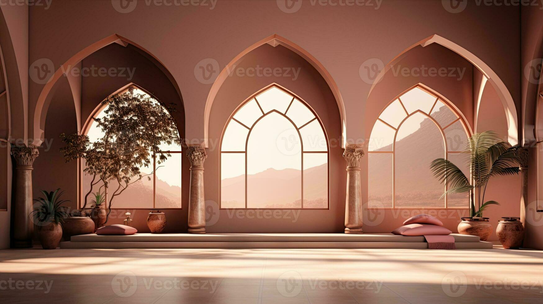 background for the Islamic holiday of Ramadan in a minimalist style, with a podium, with sunlight, in light beige delicate shades and elements of nature. ai generated photo