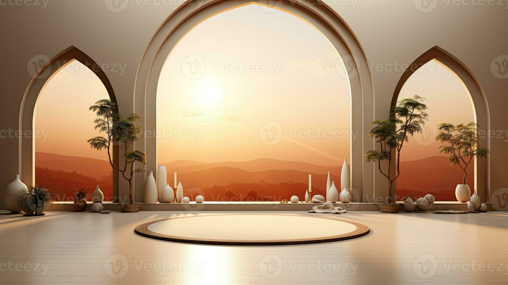 background for the Islamic holiday of Ramadan in a minimalist style, with a podium, with sunlight, in light beige delicate shades and elements of nature. ai generated photo