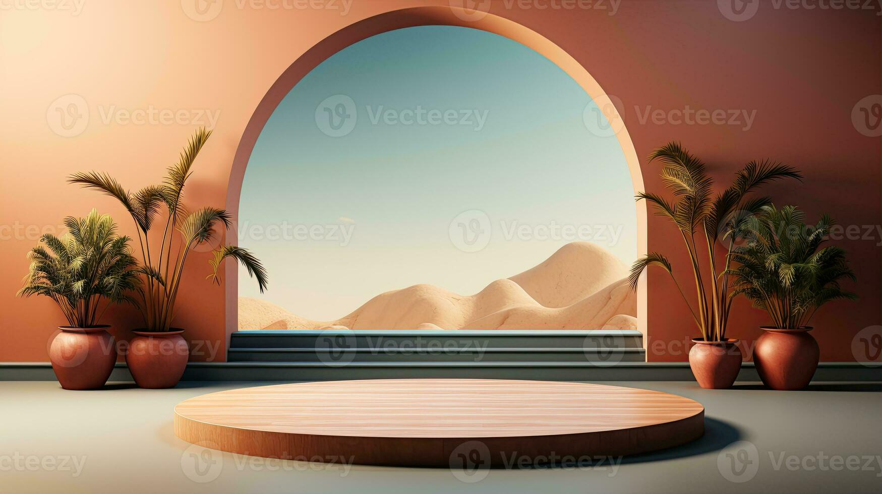 background for the Islamic holiday of Ramadan in a minimalist style, with a podium, with sunlight, in light beige delicate shades and elements of nature. ai generated photo