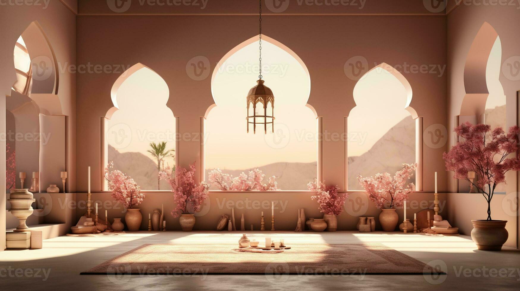 background for the Islamic holiday of Ramadan in a minimalist style, with a podium, with sunlight, in light beige delicate shades and elements of nature. ai generated photo
