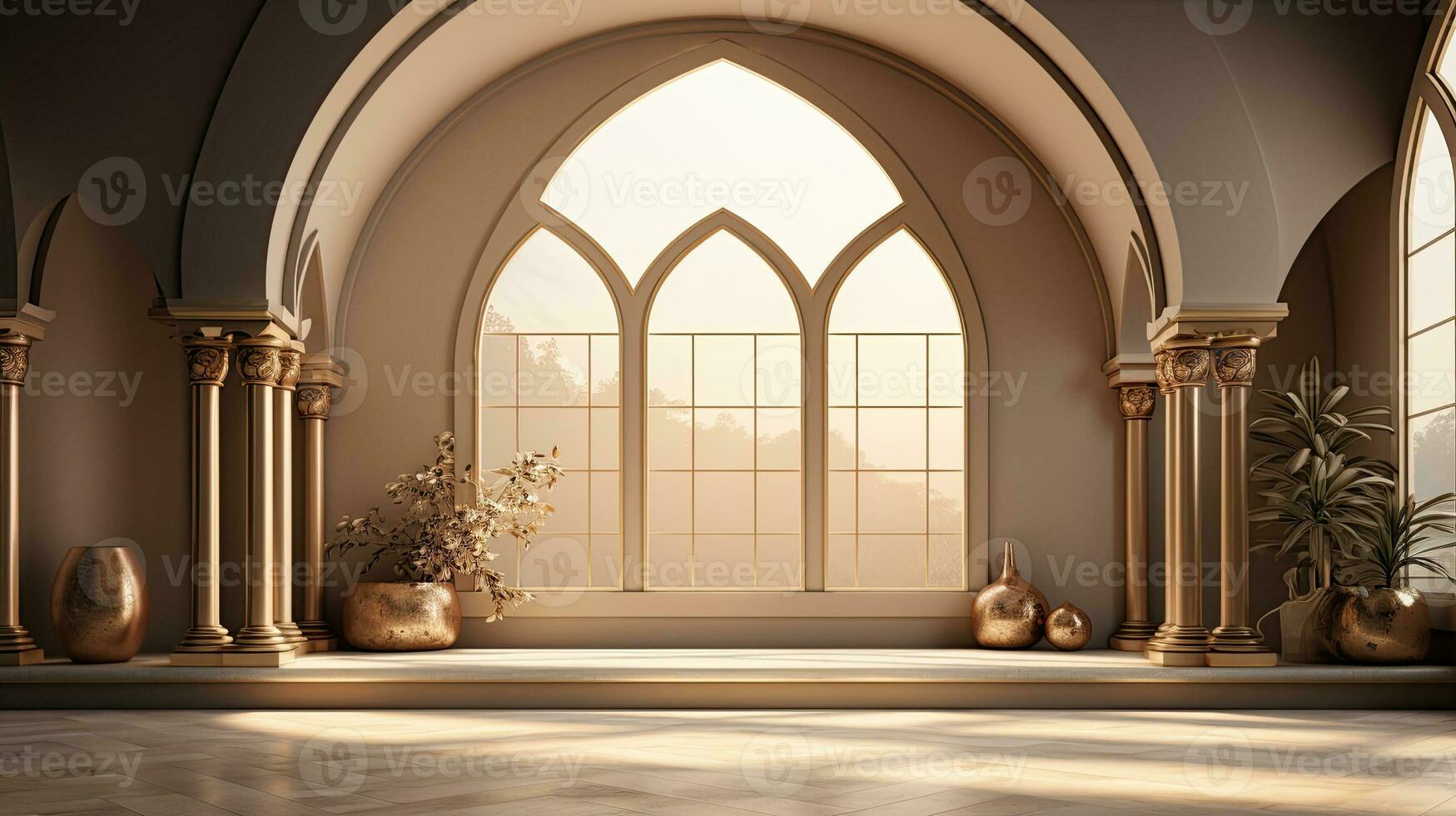 background for the Islamic holiday of Ramadan in a minimalist style, with a podium, with sunlight, in light beige delicate shades and elements of nature. ai generated photo
