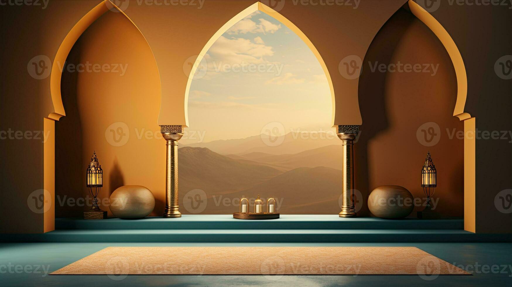 background for the Islamic holiday of Ramadan in a minimalist style, with a podium, with sunlight, in light beige delicate shades and elements of nature. ai generated photo