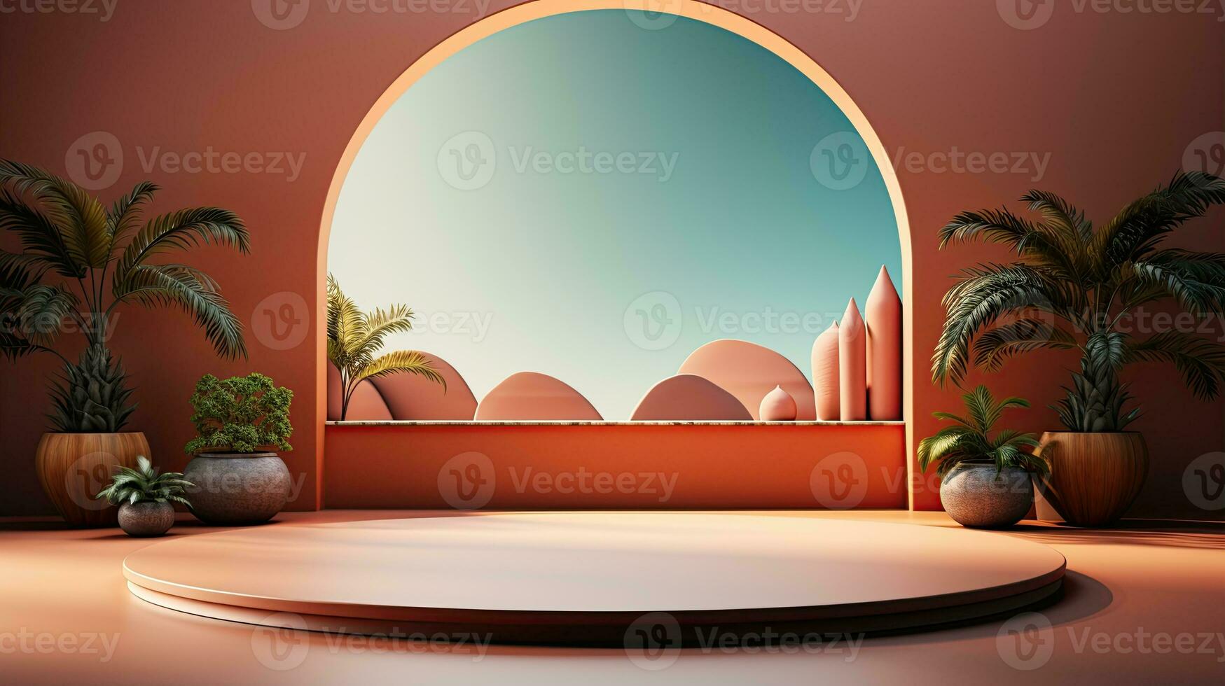 background for the Islamic holiday of Ramadan in a minimalist style, with a podium, with sunlight, in light beige delicate shades and elements of nature. ai generated photo